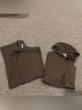 Cozy Brown Hoodie & Sweatpants Set Cashmwre Blend Womens L 2 pc EUC